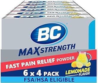 BC Max Strength Headache Relief Powder, Triple-Action Formula with Acetaminophen, Aspirin & Caffeine Eases Aches & Pains, Lemonade Flavor, 4 Count, 6 Pack