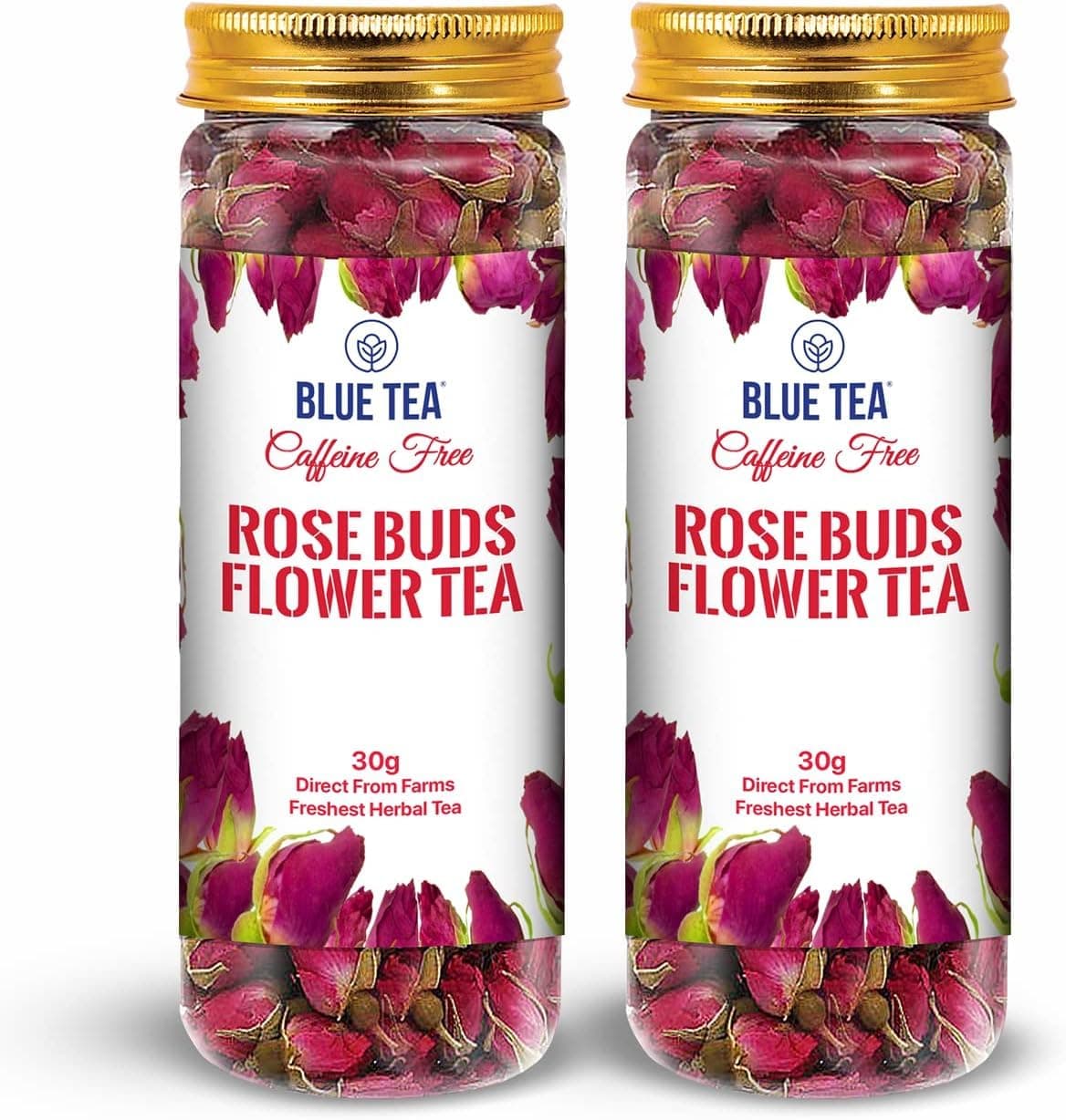 BLUE TEA - Rose Buds Tea - 1.05 Oz (Pack of 2) 60 Cups - Loose | Rich in Vitamin-C - For Hair & Skin | Caffeine Free - Flower Based - Herbal Tea - Non Bitter | Reusable Pet Jar