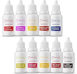 BAKE KING Combo of 10 Vanilla, Paan, Mango, Butterscotch, Blueberry, Pineapple, Rose Milk, Banana, Red Velvet and Dark Chocolate Flavour Essence 30 ML Each Making Cakes, Cookies and Ice Creams Liquid Food (Pack of 10)
