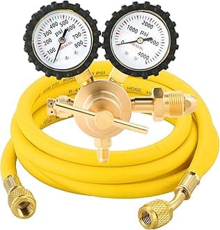 DASBET Nitrogen Gas Regulator with 0-800 PSI Delivery Pressure Range 1/4" Male Outlet Connection and CGA580 Inlet Brass Inlet Outlet Connection Gauges with 6.5 Ft Refrigeration Hose for HVAC Purge