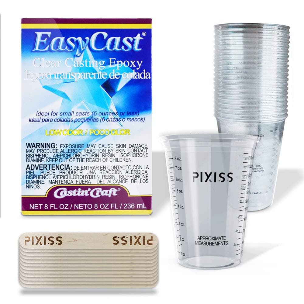 EasyCast 8-Ounce Kit Casting' Craft Casting Epoxy 20x Disposable Graduated Clear Plastic Cups, Pixiss Mixing Sticks Bundle