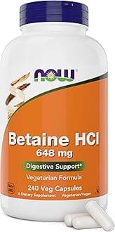 Now Betaine HCl 648mg 240 Veg Capsules - Digestive Enzymes Supplement - Enhanced with Pepsin Protease for Protein Digestion Support