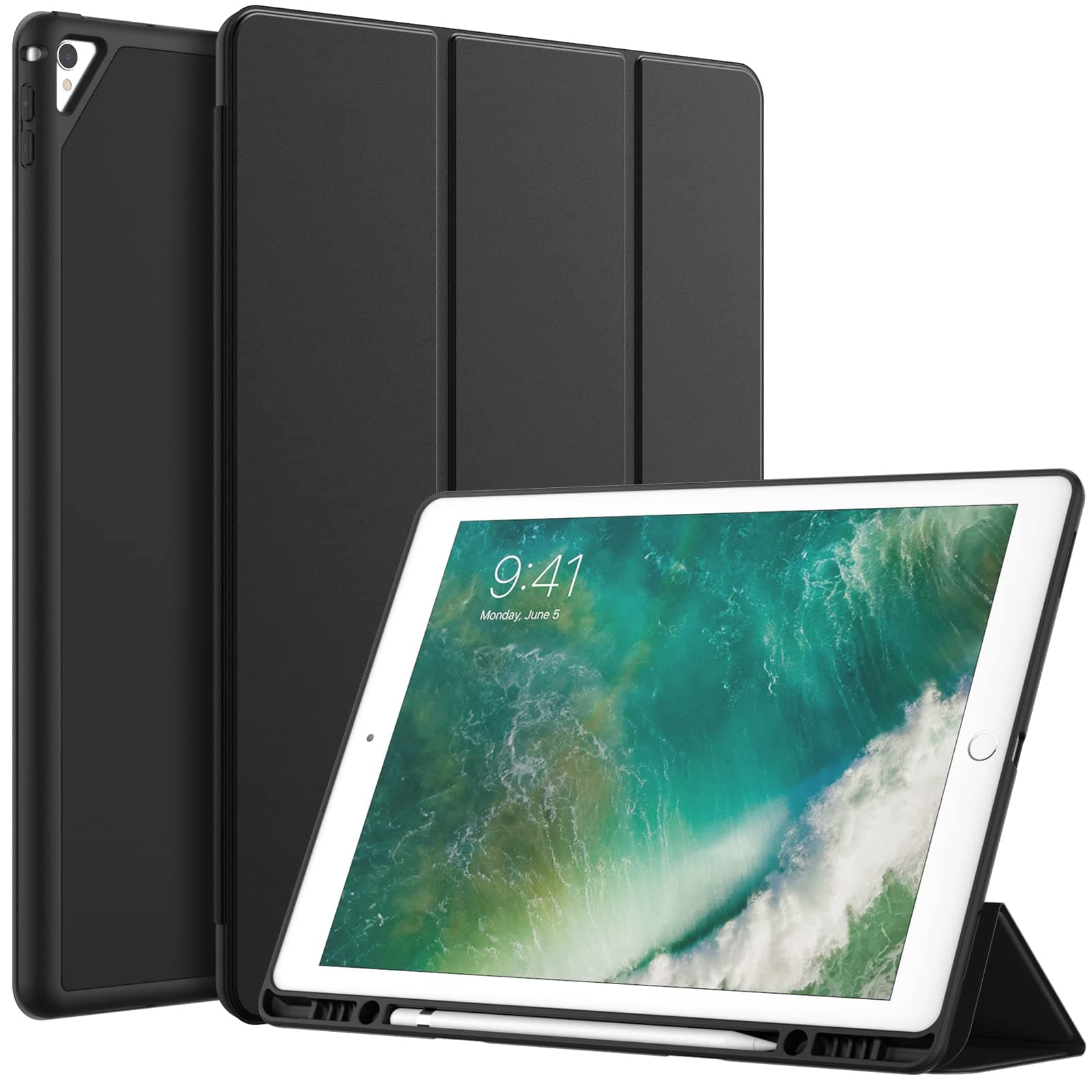 – JETech Case for iPad Pro 12.9 Inch (2015/2017 Model, 1st/2nd Generation) with Pencil Holder, Slim Tablet Cover with Soft TPU Back, Auto Wake/Sleep (Black)