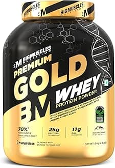 Bigmuscles Nutrition Premium Gold Whey [2Kg] | Informed Choice UK Certified | Isolate Whey Protein Blend | 25g Protein | 11g EAA | ProHydrolase Enzyme Technology [Smooth Banana Cream]