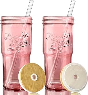 ANOTION Glass Cups with Lids and Straws, 24oz Pink Glass Tumbler Travel Coffee Mug Bamboo Mason Jar Iced Cup Smoothie Tea Clear Cute Water Drinking Jars Glasses