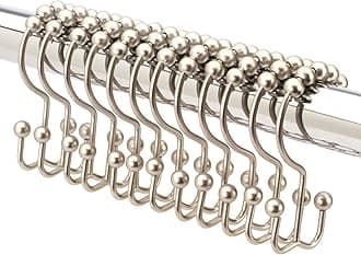 2lbDepot Double Sided Shower Curtain Hooks, Decorative Brushed Nickel Shower Curtain Hooks Rust Proof, Premium Stainless Steel Metal Hooks, Easy Glide Rollers, Set of 12 Curtain Rod Rings