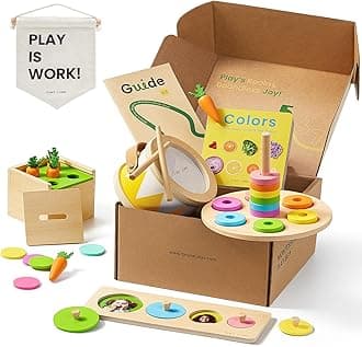 Montessori Toy Set for Baby 13-15 Months Explorer Play Kit - 7-in-1 Baby Drum, Carrot Harvesting and Coin Boxes, Stacking and Color Matching Plate, Size Matching Puzzle, Color Board Book
