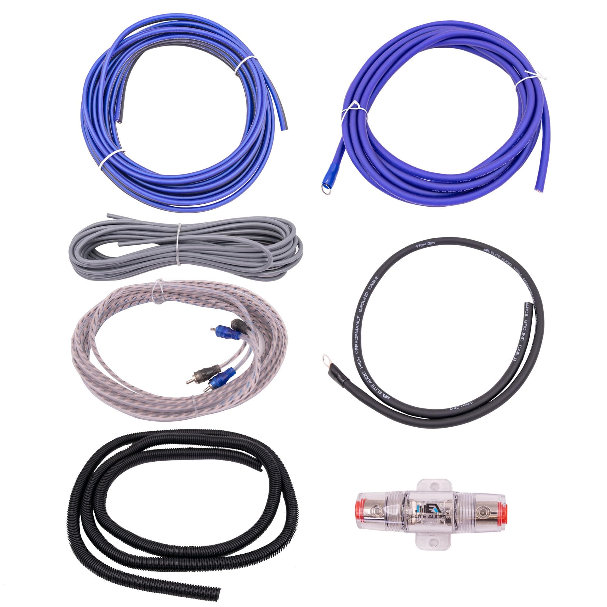 Elite Audio Base Series Full Amplifier Install Kit - 2000W Max Power, 4-Gauge Power & Ground, Mini ANL Fuse & Holder, 17ft 2-Ch RCA Cable, 16-Gauge Speaker Wire (Model: EA-OB04G)