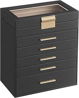 SONGMICS GISELLA Collection - Jewelry Box Organizer, 6-Layer Jewelry Storage with 5 Drawers, Shiny Metal Hardware, Glass Lid, Modern, 6.4 x 9.9 x 11.4 Inches, Ink Black and Gold Color UJBC171B01
