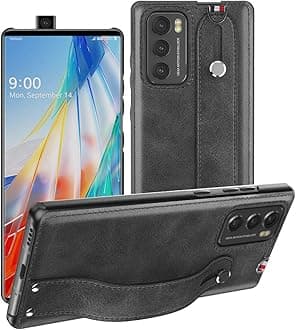 Fol for LG Wing 5G Case,for LG Wing Case 2020,[Slim and Lightweight] PU Leather Back Cover Support Swivel Mode Hard PC Holder with Hand Strap Protective Phone Case for LG Wing 5G 6.8 Inches (Black)