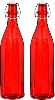 Machak Colhexa Glass Bottles With Cork 1litre, Kitchen Decoration (Red, 2 Pieces)