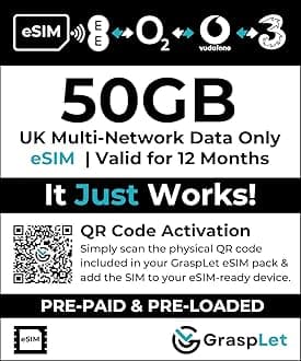 UK Multi-Network Data-Only eSIM | 12-Month Validity | Auto-Connects to Strongest Network: EE, Three, O2, or Vodafone | Compatible with eSIM Devices (50 GB - 12 Months)