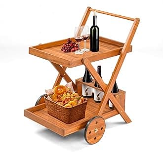 VINGLI 2-Tier Acacia Wood Bar Cart, Rolling Bar Carts with Wheels, Kitchen Serving Tea Cart for Plant Stand Indoor and Outdoor