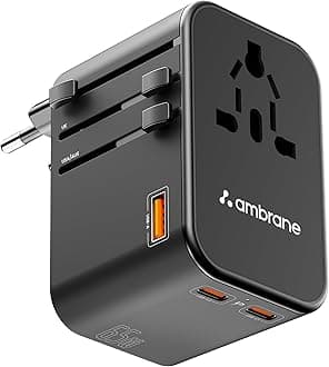 Ambrane Universal Travel Adapter Charger with 65W Laptop/MacBook Charging & Mobile Charging, Works Worldwide (EU,UK,USA,AUS,Others) AC Sockets, USB & Type C, International Adapter (ATA-02, Black)