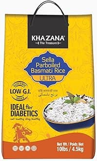 Authentic Ultra Long Sella Parboiled Basmati Rice by Khazana in 10 lb Bag - Aromatic and Flavorful Indian Grain - Non-GMO, Gluten Free, Kosher, Cholesterol Free