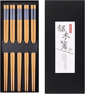 GLAMFIELDSBamboo Chopsticks Reusable Japanese Style 5 Pairs Lightweight Cooking Ramen Chop Sticks Case Gift Set