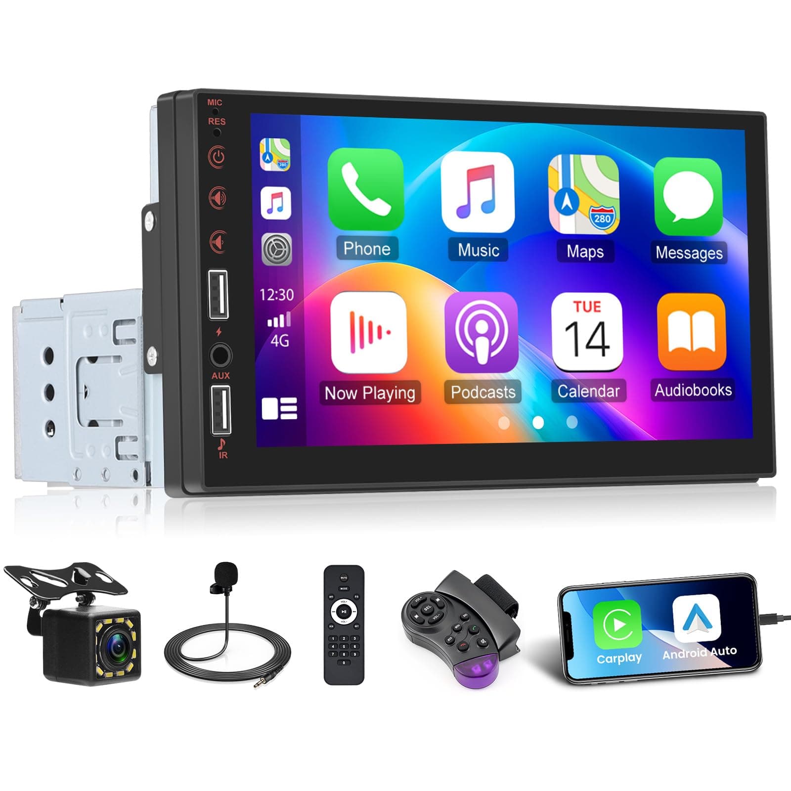 โ 7 Inch Single Din Car Stereo Wireless CarPlay Android Auto, Single Din Touch Screen Radio Bluetooth Mirror Link FM Radio 1Din Dual USB AUX Steering Wheel Control & Backup Camera