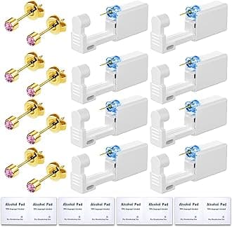 Get the Perfect Ear Piercing with 24 Pcs Premium Ear Piercing Kit - Includes 8 Pink CZ Diamond Earrings and 8 Easy-to-Use Self Ear Piercing Gun - Safe and Painless.