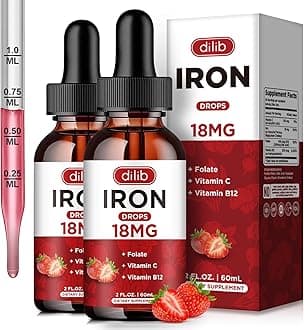 (2 Pack) Liquid Iron Supplement for Women & Men Iron Drops Iron Supplements for Anemia with Folate, Vitamin C, B12 for Red Blood Cell Support-Strawberry, 4 Fl Oz