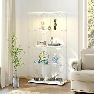 Tempered Glass Display Cabinet with Lights, 4-Tier Curio Cabinet with Glass Doors and Lock, Glass Display Case for Collectibles, for Living Room, Bedroom, Office, White, Double Door