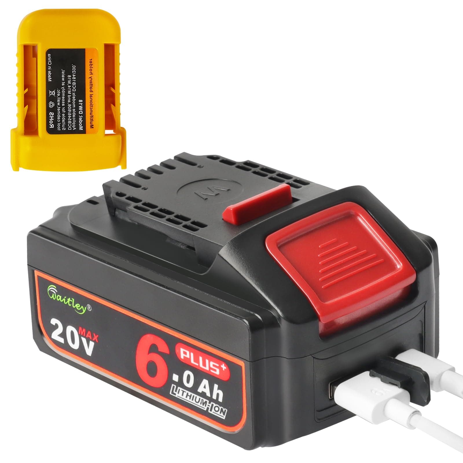 Waitley Upgraded 20V Real 6A Plus Replacement for Dewalt 20V Max DCB200 DCB203 DCB204 DCB206 Battery Compatible with Dewalt 20V Cordless Power Tools with USB Plug and