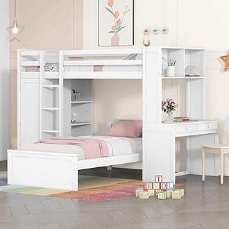 Harper & Bright Designs Twin Over Twin Bunk Bed with Desk, Storage, Solid Wood Bunk Bed with Shelves and Wardrobe, Twin Size Loft Bed with a Stand-Alone Bed for Kids Teens Adults - White