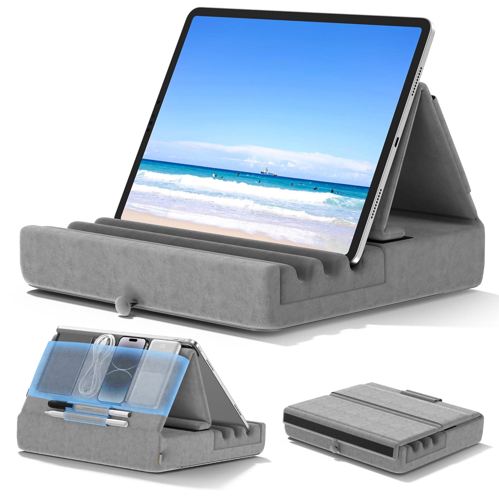 Tablet Pillow Holder, Foldable iPad Stand for Lap, Bed and Desk -Tablet Soft Pad Dock with Pocket & Stylus Mount Compatible with iPad Pro 12.9, 10.5, 9.7 Air Mini 6 5 4 3, Kindle, E-Reader, Gray