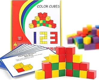 YHZAN Wooden Cube Building Blocks for Kids with Challenge Cards Shape Puzzle Math Material Assorted Colors for Preschool Classroom Supplies for Teachers Elementary Stem Toy
