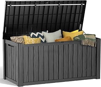 150 Gallon Resin Deck Box, Lockable Patio Outdoor Storage Box for Furniture, Garden Tools and Tools Storage, Waterproof Outside Storage Boxes - Black