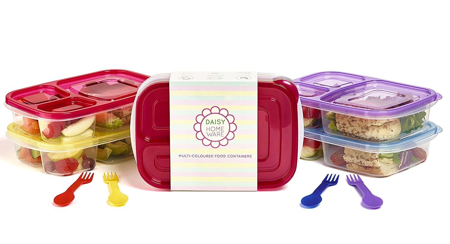 [6 Pack] Premium Multi-Coloured Eco-Friendly 3-Compartment Bento Lunch Box Containers with Matching Coloured Sporks, Microwavable, Dishwasher Safe, Leak Proof & Reusable by Daisy Homeware …