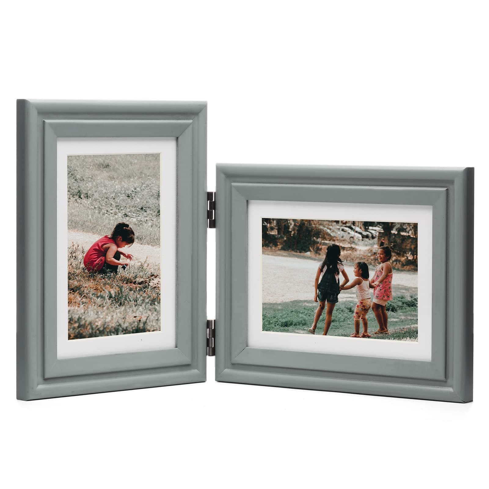 Vertical & Horizontal 5X7 Picture Frames Double Hinged Wood Folding Photo Frames with Real Glass Front Fit for Desktop or Tabletop Display Pictures 4x6 with Mat or 5x7 Without Mat, Gray