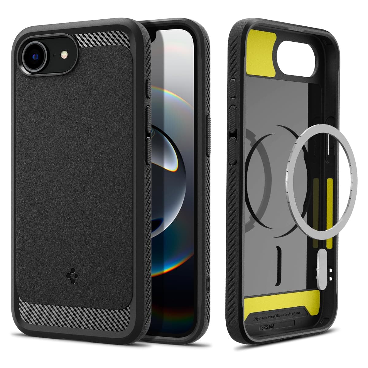 Spigen Rugged Armor MagFit Case for iPhone 17e / 16e, MagSafe Compatible Phone Cover [Carbon Fibre Design] [Military-Grade Drop Protection] - Matte Black