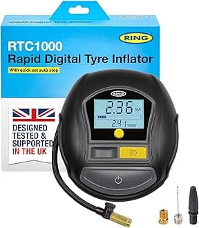 RING TYREINFLATE 1000 Rapid Digital Tyre Inflator Air Compressor With Three Adaptors - Measures in PSI, BAR & Kpa