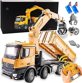20-Inch 3 in 1 Remote Control Dump Truck Wood Grabber 26-Channels 1/14 Scale 6.6LBS Load Capacity RC Heavy Duty Metal Construction Vehicles Toy for 14Y+ Beginners (8 Wheels 2Batteries)
