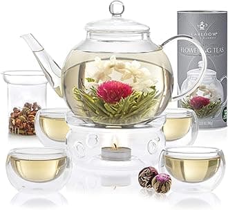 Teabloom Borosilicate Glass Tea Set: Heatproof Glass Teapot - Loose Tea Infuser - Tea Warmer - 4 Insulated Teacups - 12 Flowering Teas