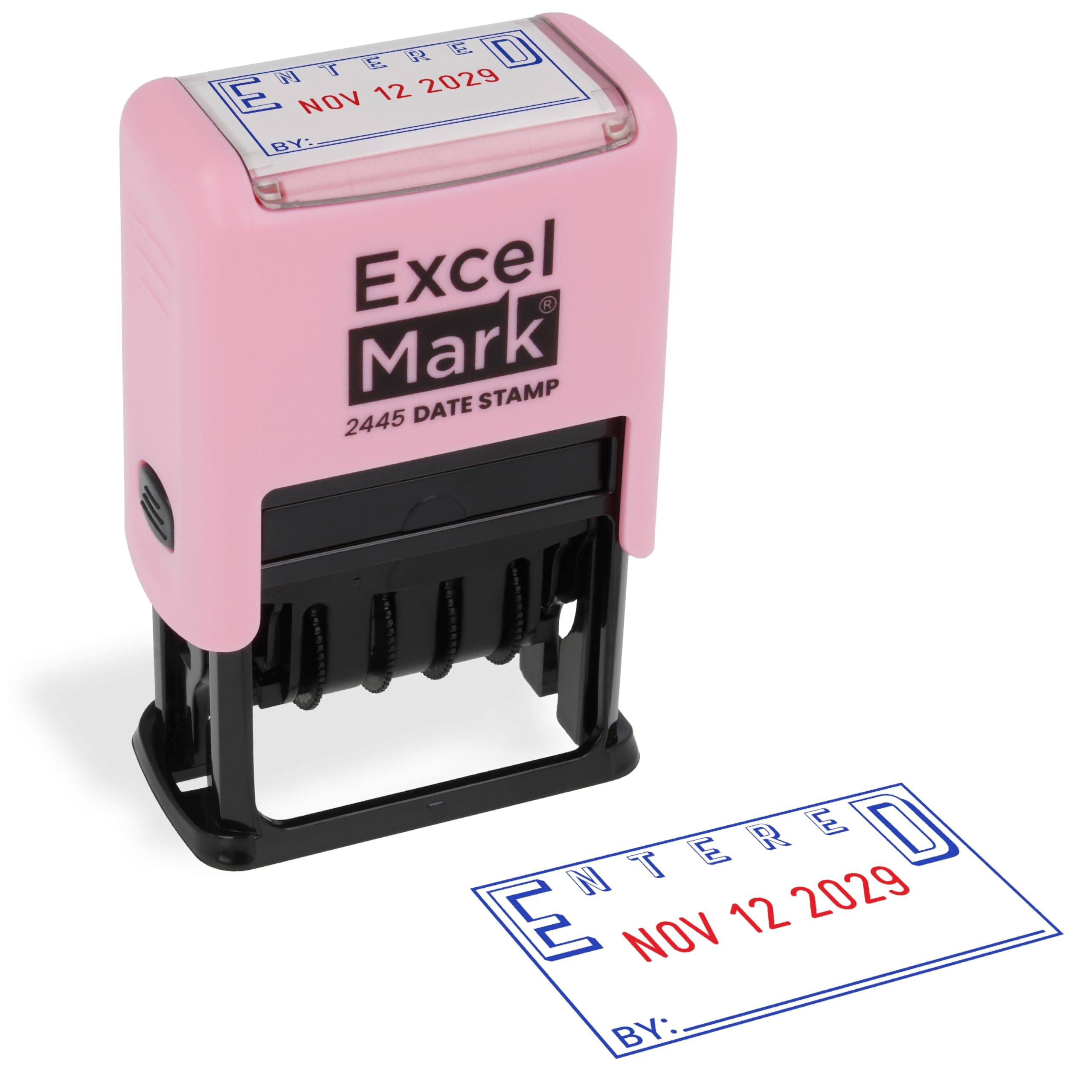 ExcelMark 2445 Date Stamp with Text - Blue and Red Ink (Pink Mount, Entered)