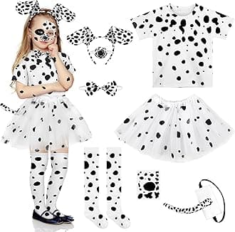SOMSOC 8 Pcs Halloween Girl Dalmatian Dog Costume Set Halloween T-shirt Tutu Skirt Knee Socks Headband Tail Tattoo Stickers