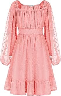 GRACE KARIN Girls Ruffle Tiered Dress Long Sleeve Swiss Dot Flowy A-Line Dress 6-14Y