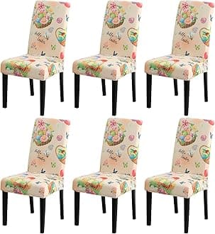 JQinHome Easter Chair Covers Set of 6,High Stretch Removable Washable Chair Seat Protector Cover for Easter Decoration-Easter Theme Decor with Easter Egg Basket