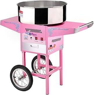 Cotton Candy Machine with Cart Vortex Candy Maker with Stainless-Steel Pan, 2 Side Trays, and 13-inch Wheels by Great Northern Popcorn (Pink)