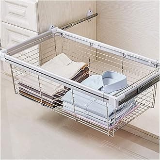 Wardrobe Pull-out Basket Cabinet Drain Storage Basket, Steel Wardrobe Rail Hanger, can Be Used for Clothes Sorting and Folding Storage (Color : Silver, Size : 814-864mm)