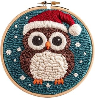 DIY Punch Needle Kits for Beginners Owl Wear Christmas Hat with Hoop Punch Needle Starter Craft Embroidery Set Easy for Adults and Children Festival Gift and Decoration 20x20cm-1