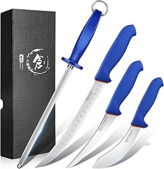 DRAGON RIOT 4 Piece Butcher Knife Set Brisket Trimming Set Include 6" Boning Knife, 6" Skinning Knife, 10" Butcher Breaking Knife and 10" Sharpening Steel
