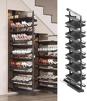 Pull-Out Shoe Rack Organizer for Closet Shoe Cabinet,Adjustable Height Retractable Metal Stackable Shoe Rack, Vertical Shelf Organizer for Small Bedroom Closet, Space Saving Storage, Black(58cm,13 Tie