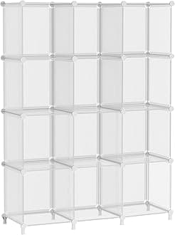 Cube Storage Organizer, 12 Cube Shelves Bookshelf, Closet Organizers and Storage, DIY Stackable Plastic Clothes Organizer Shelving for Bedroom, Home Office, Transparent Twill