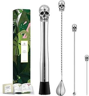 Homestia 10" Skull Cocktail Muddler for Drinks, Stainless Steel Skull Muddler for Home Bar Tool Set Mojito Muddler, Fruit Crusher Lemon Smasher for Drinks with Nylon Head (Silver)
