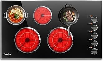 36 Inch Electric Cooktop - Built-in(34.25"x19.3") 5 Burner Electric Stove with 8400W High Power, 36" Large 5 Zones Radiant Ceramic Stove Knob Control, Residual Heat Indicator, 220V Hard Wired