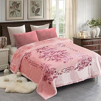 Korean Style Mink Blanket King Size, 87" x 94", 11 Pounds, Plush Raschel Fleece Heavy Blanket for Winter- Silky Soft, Thick, Warm, 2 Ply A&B Printed Embossed (Flowers Branches Pink)