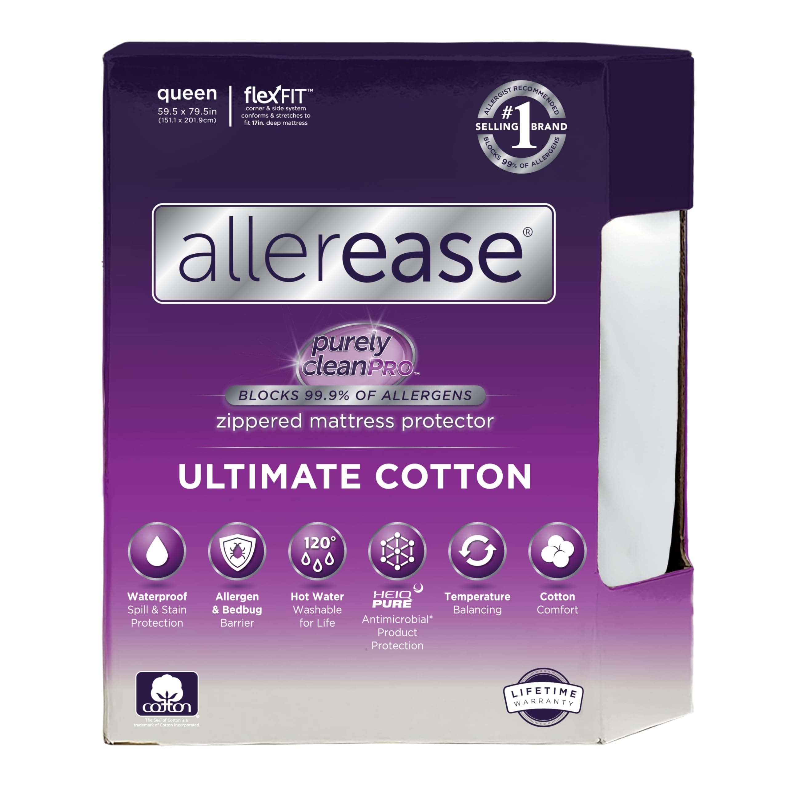 (Queen) - AllerEase Ultimate Protection and Comfort Waterproof, Bed Bug, Antimicrobial Zippered Mattress Protector - Vinyl Free & Hypoallergenic - 10 Year Warranty, Queen