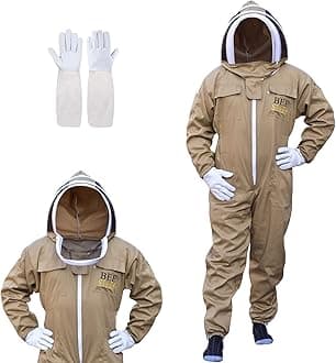 Bee Suit with Fencing Veil One Pair Gloves Polycotton Sting Proof Beekeeping Suit for Beekeeper (Khaki, Large)